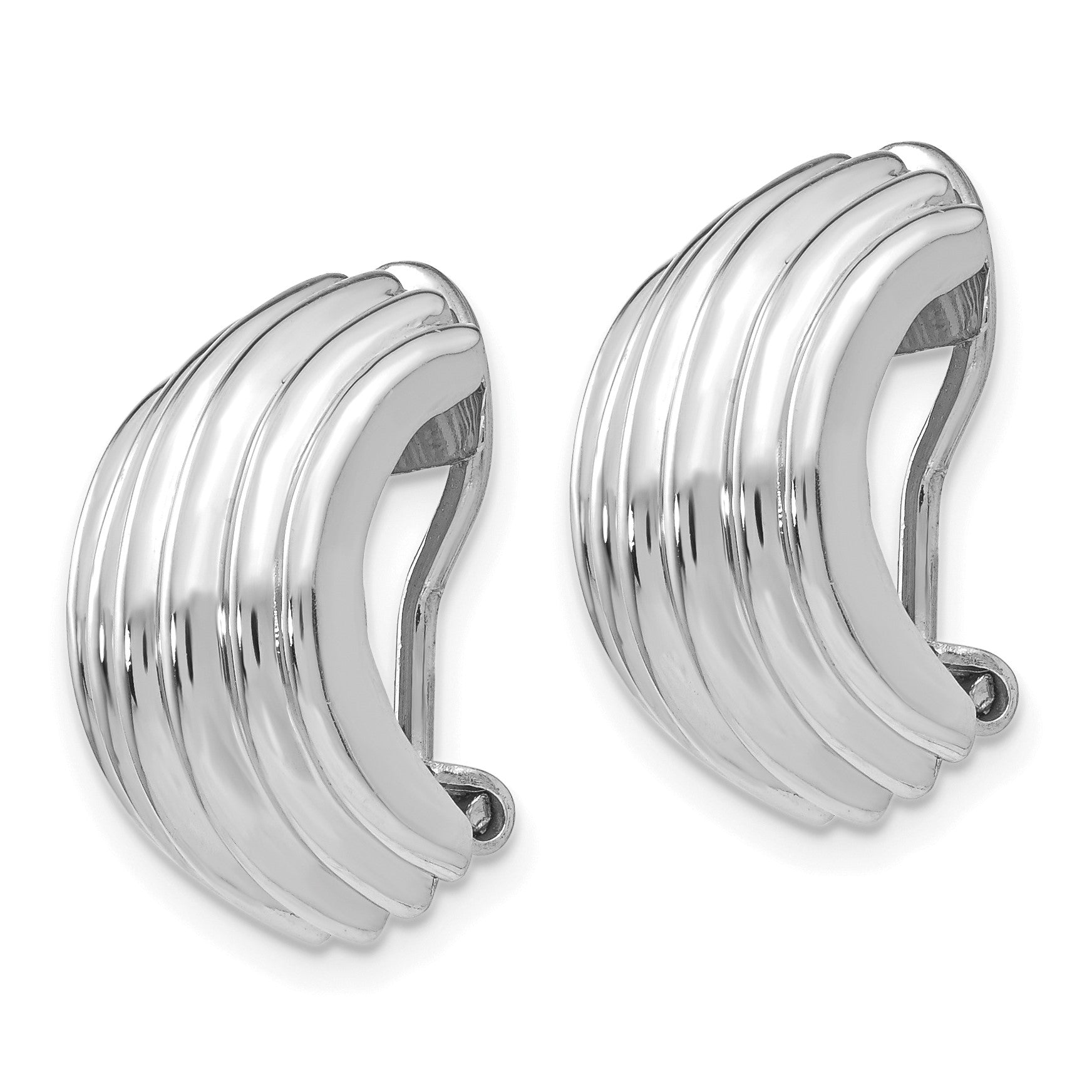 14k White Gold 9.5x16mm Polished Ribbed Half Hoop Omega Back Non-pierced Earrings