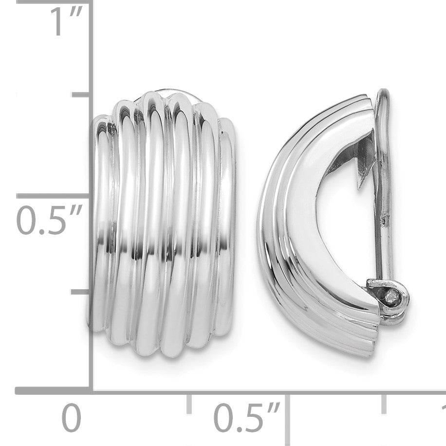 14k White Gold 9.5x16mm Polished Ribbed Half Hoop Omega Back Non-pierced Earrings