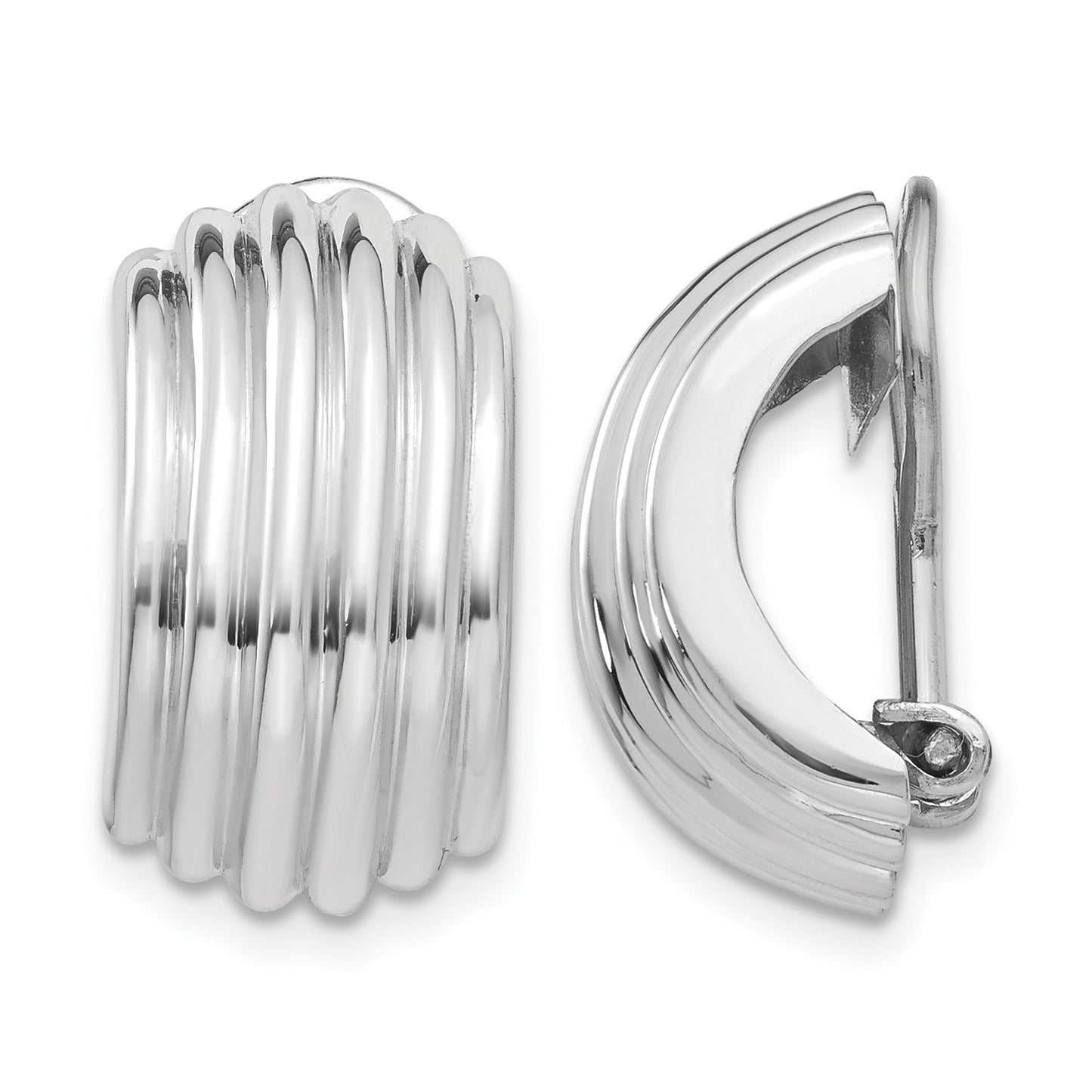 14k White Gold 9.5x16mm Polished Ribbed Half Hoop Omega Back Non-pierced Earrings