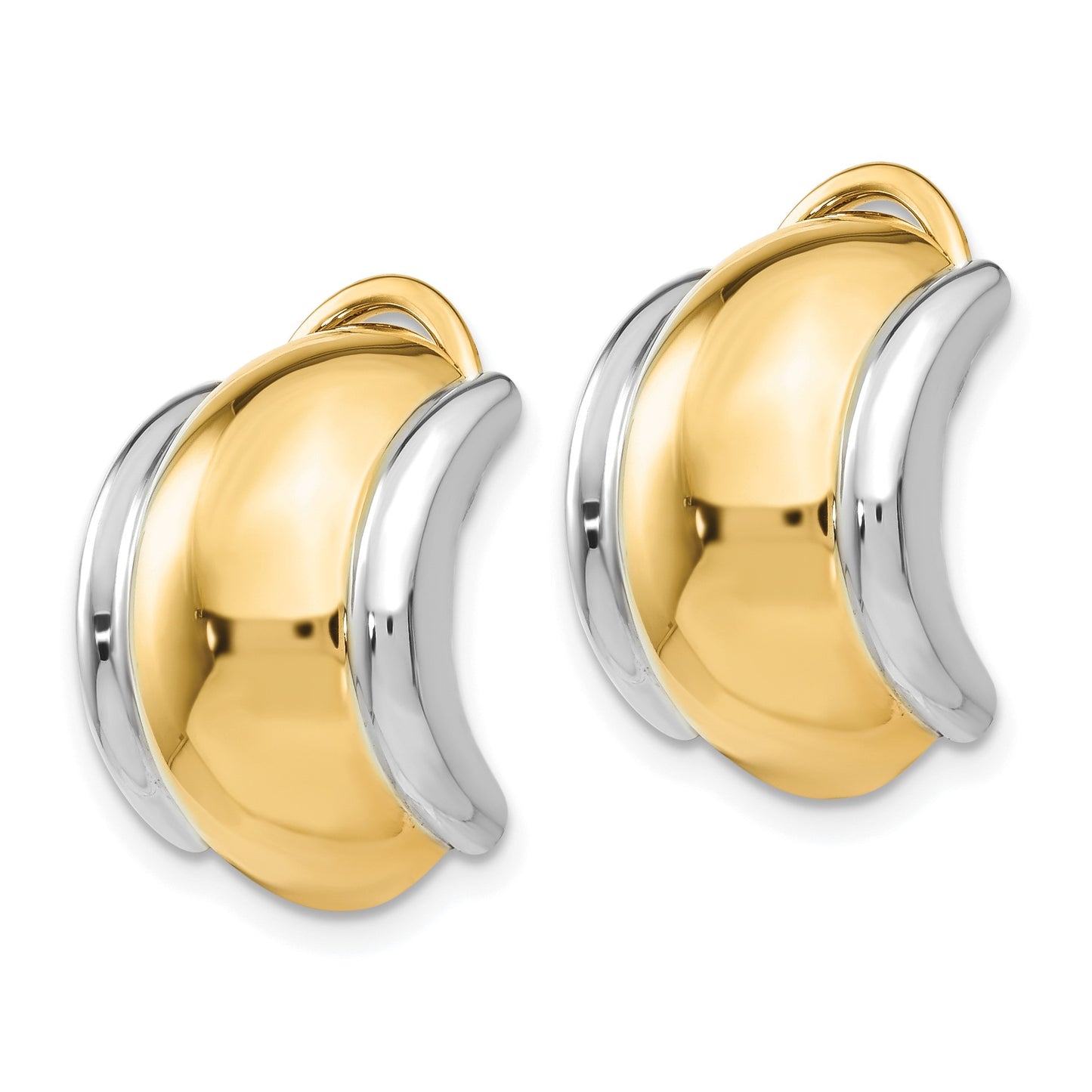 14k and White Rhodium 12x16mm Polished Half Hoop Omega Back Non-pierced Earrings