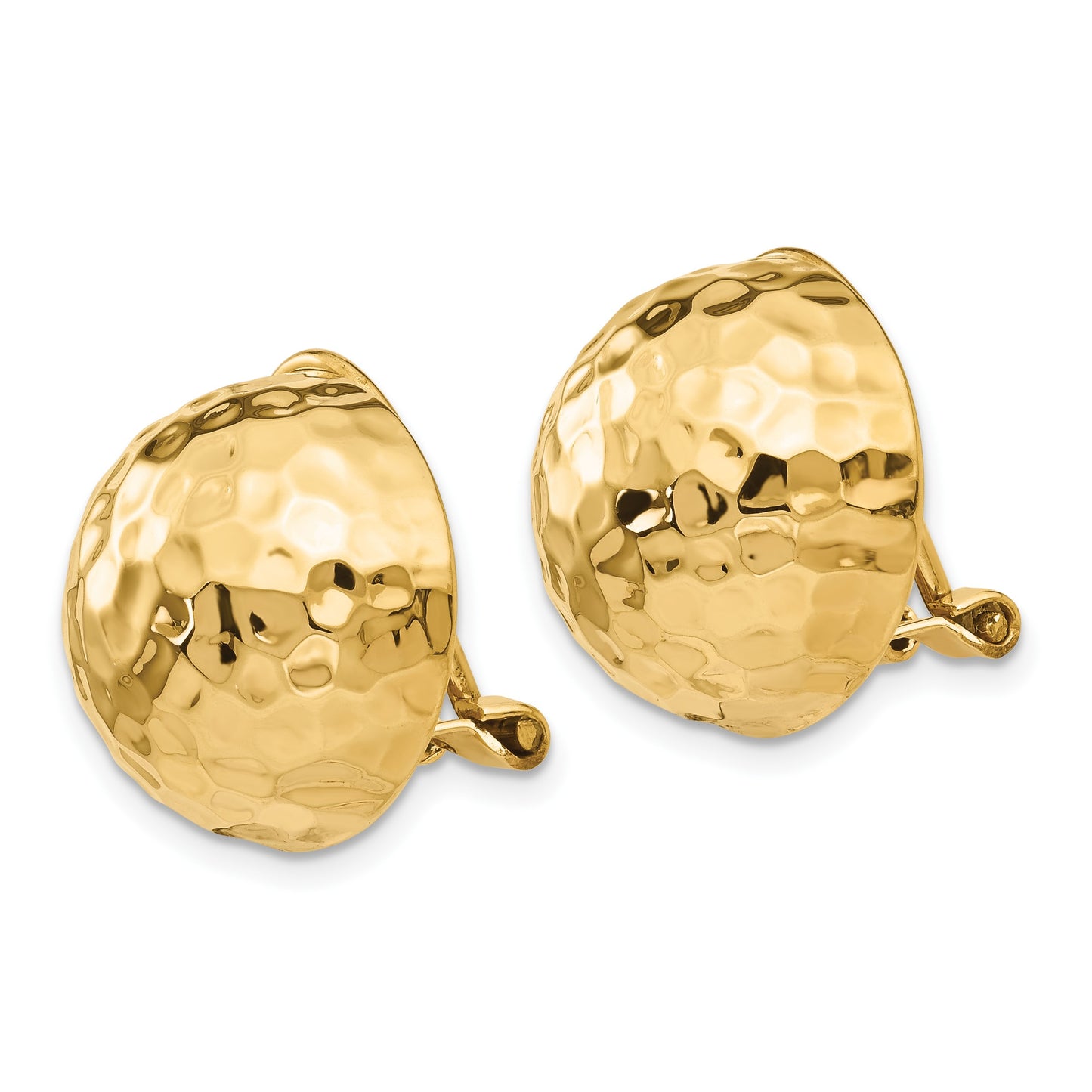 14k 16mm Hammered Half Ball Omega Back Non-pierced Earrings