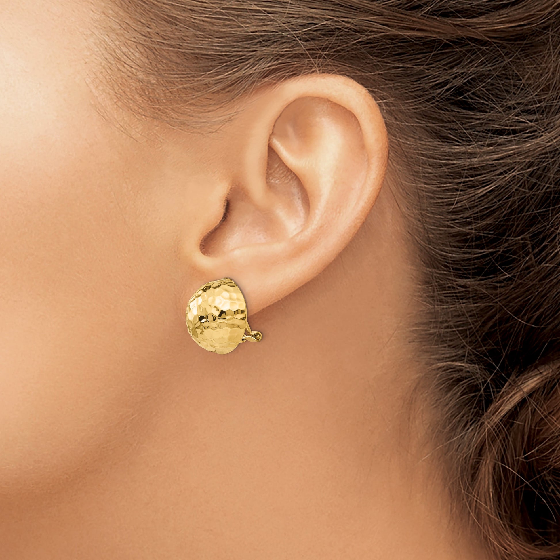 14k 16mm Hammered Half Ball Omega Back Non-pierced Earrings