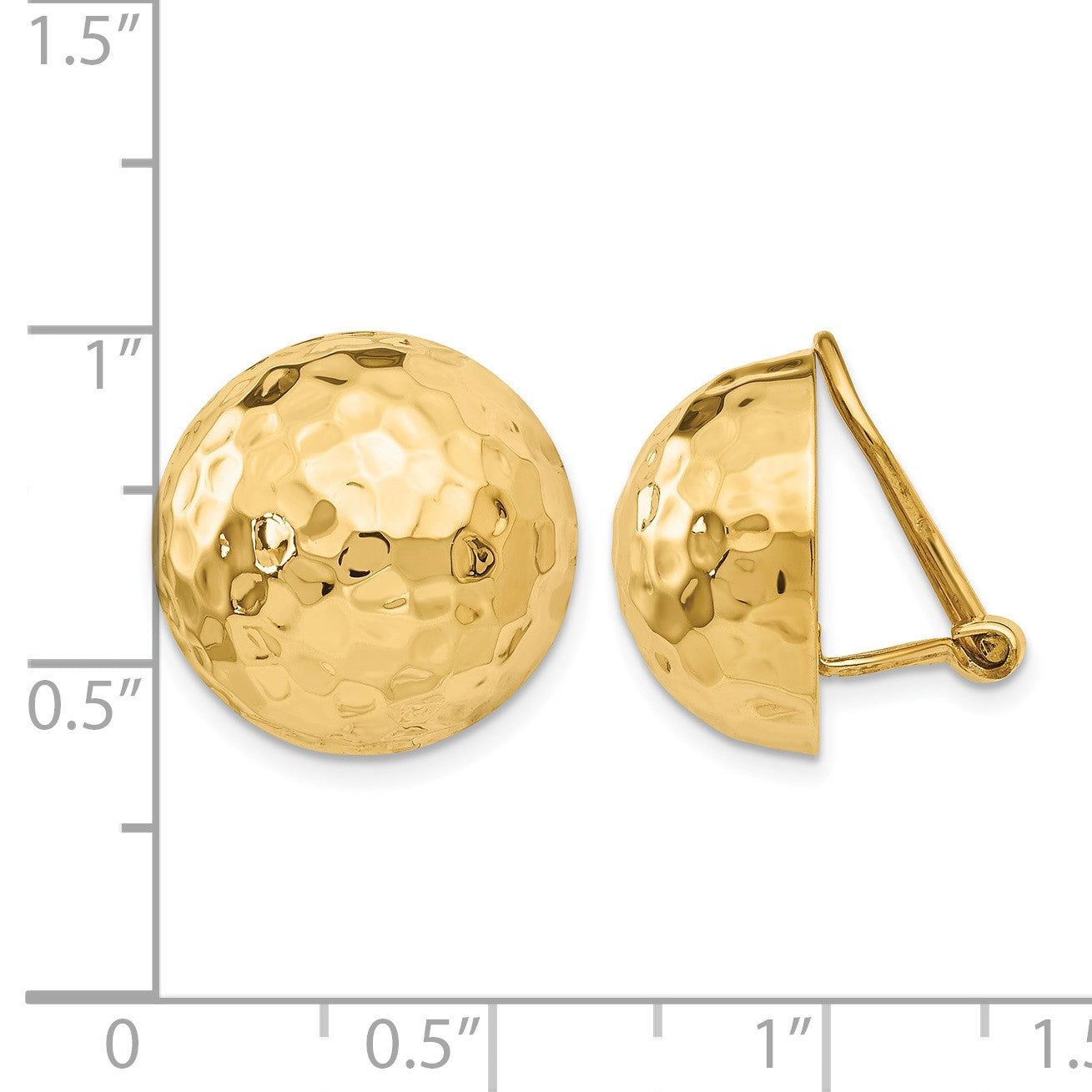 14k 16mm Hammered Half Ball Omega Back Non-pierced Earrings