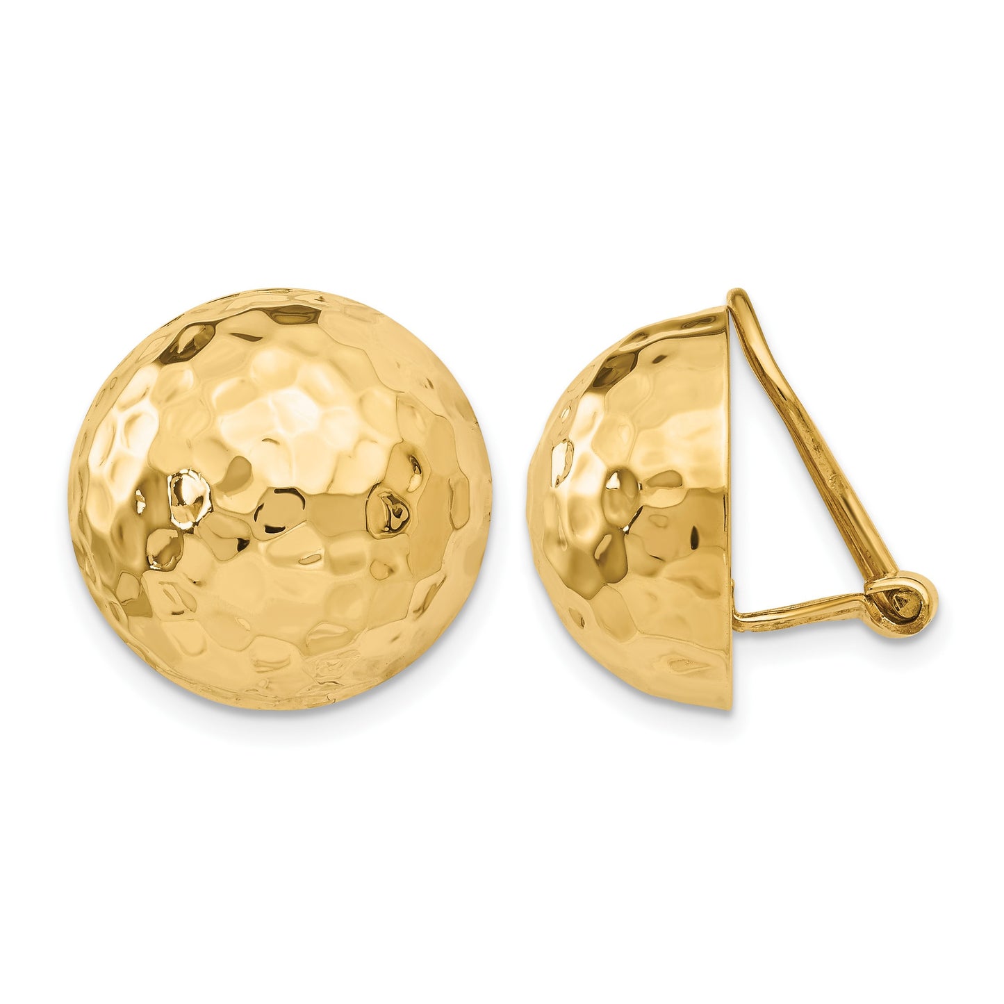14k 16mm Hammered Half Ball Omega Back Non-pierced Earrings