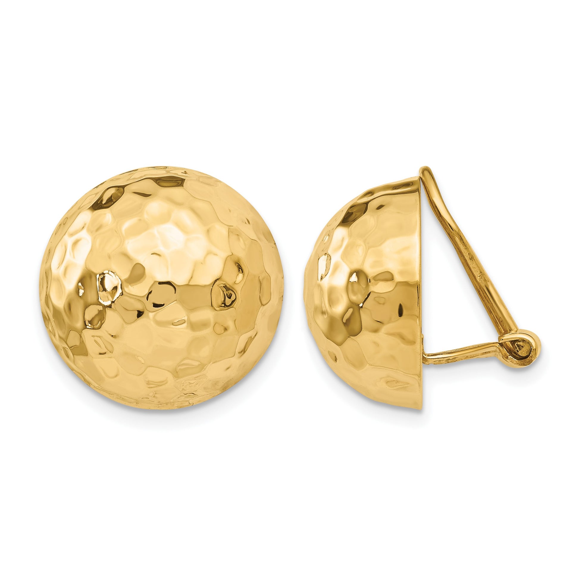 14k 16mm Hammered Half Ball Omega Back Non-pierced Earrings