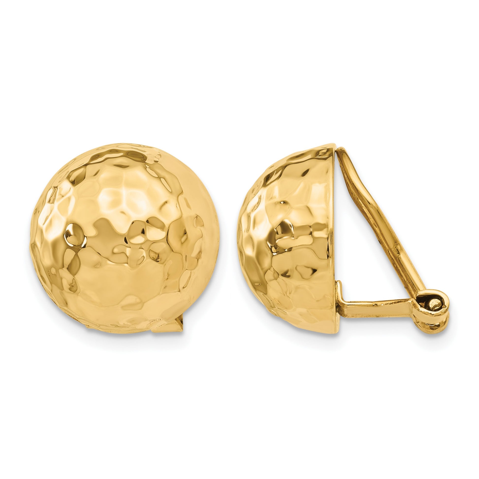 14k 14mm Hammered Half Ball Omega Back Non-pierced Earrings