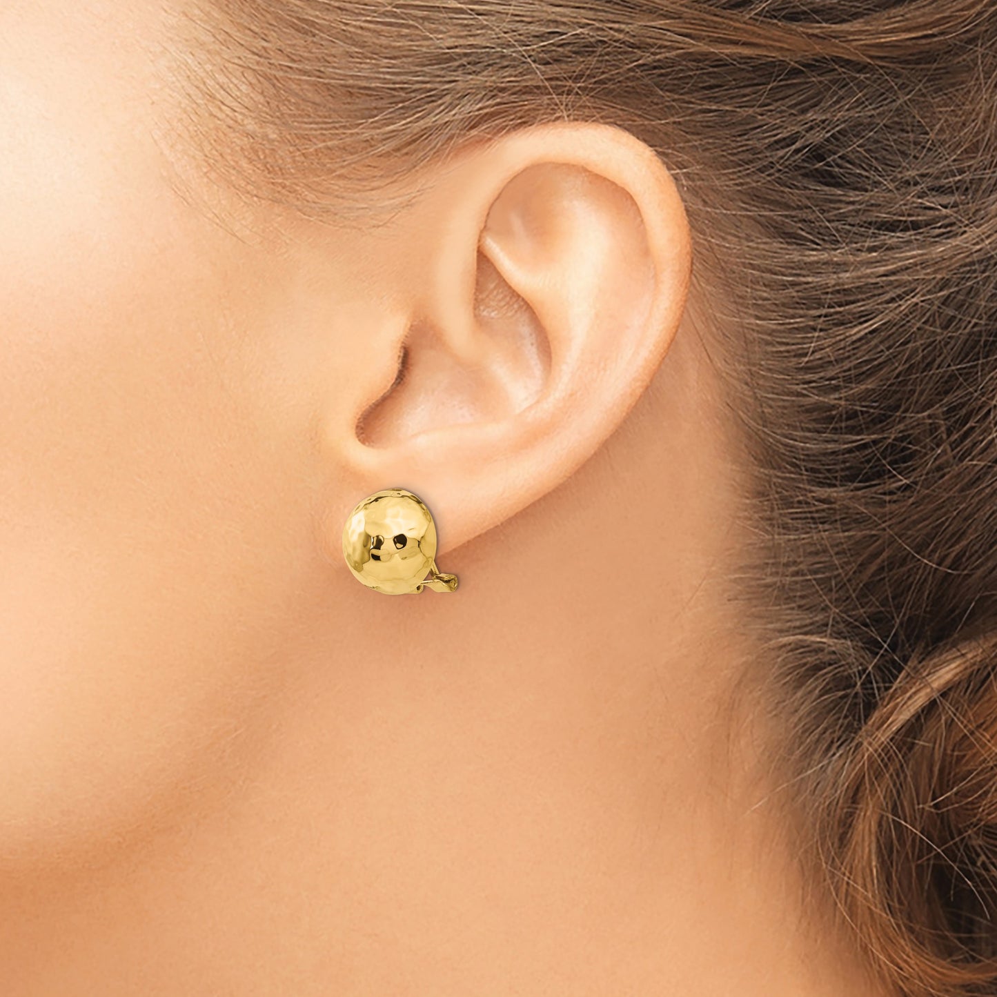 14k 12mm Hammered Half Ball Omega Back Non-pierced Earrings