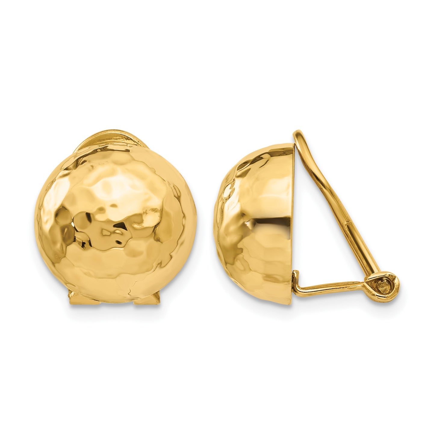 14k 12mm Hammered Half Ball Omega Back Non-pierced Earrings