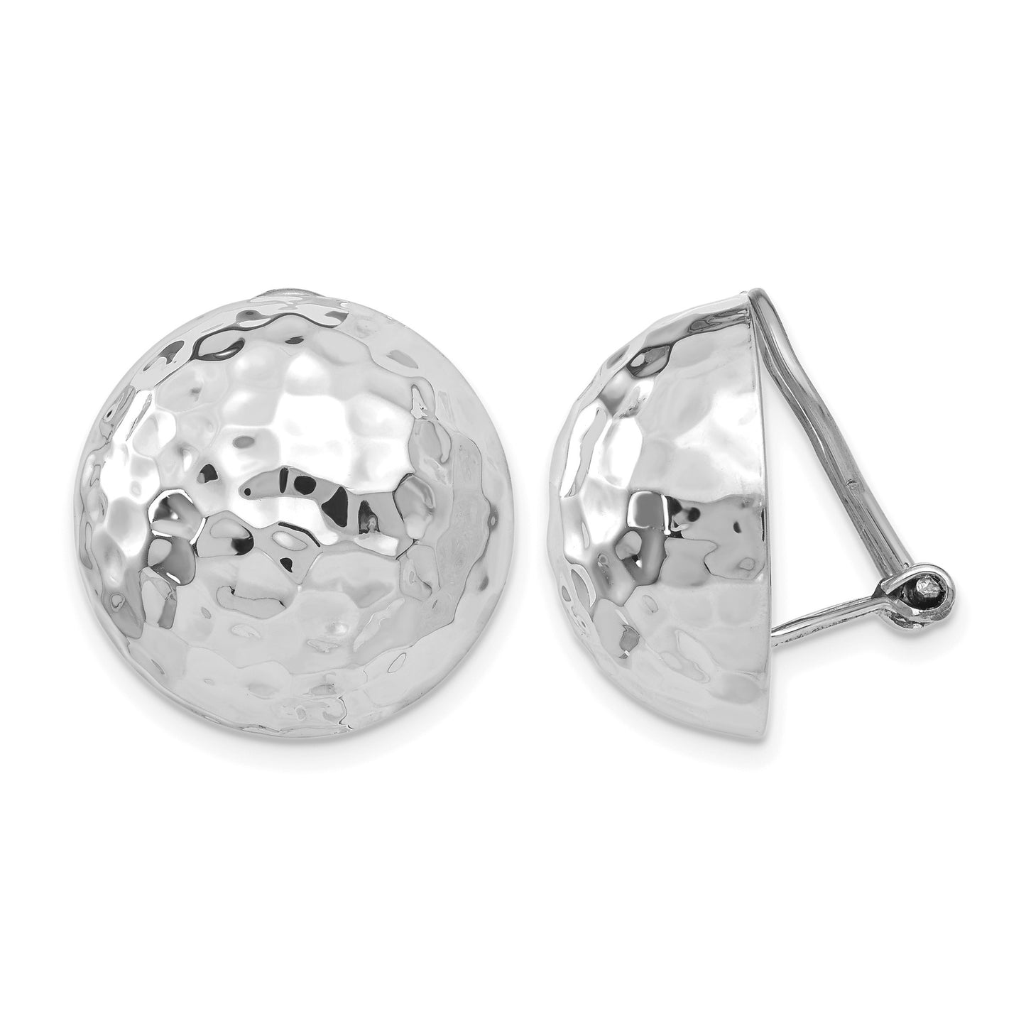 14k White Gold 18mm Hammered Half Ball Omega Back Non-pierced Earrings