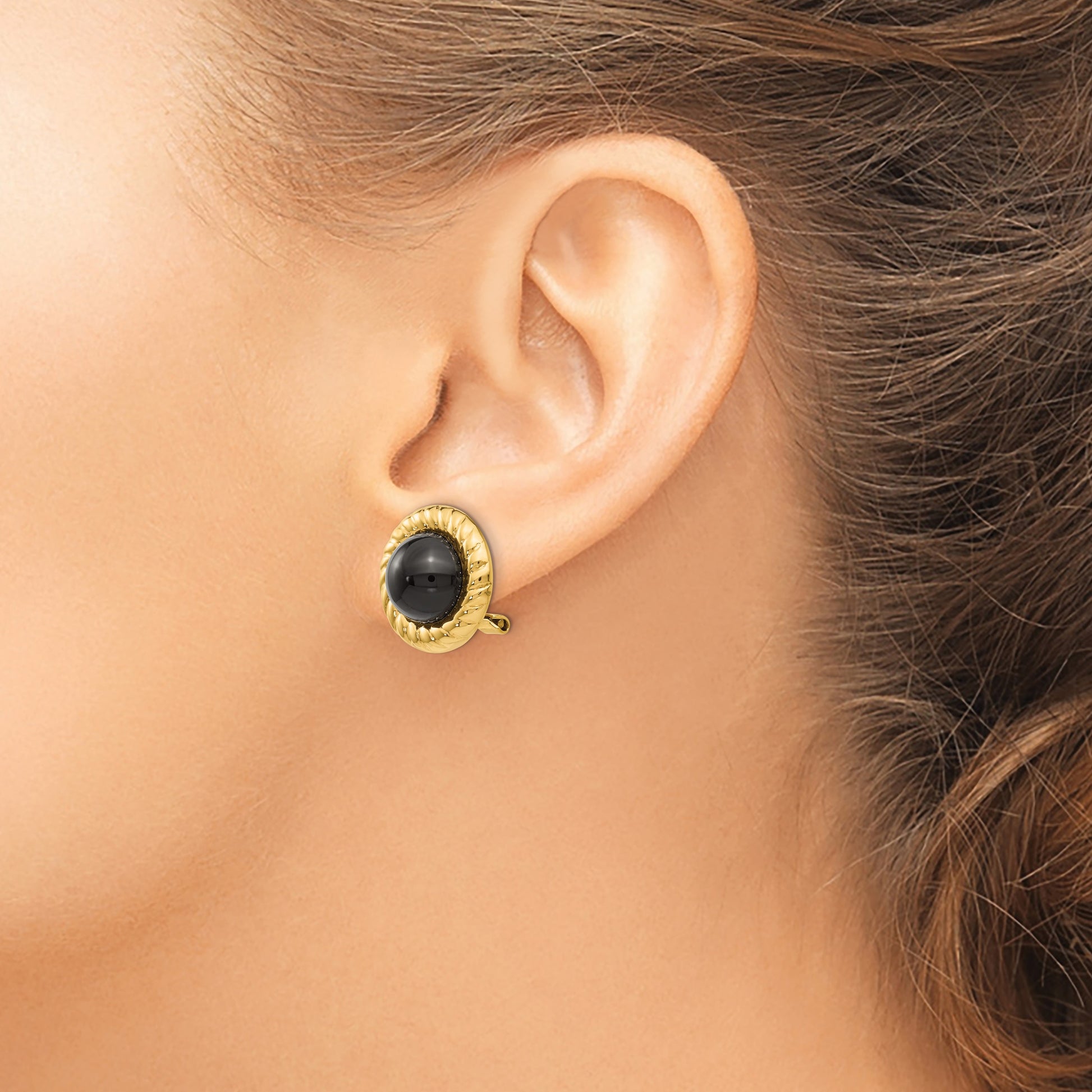 14k Omega Clip Black Onyx Cabochon 16mm Non-Pierced Earrings