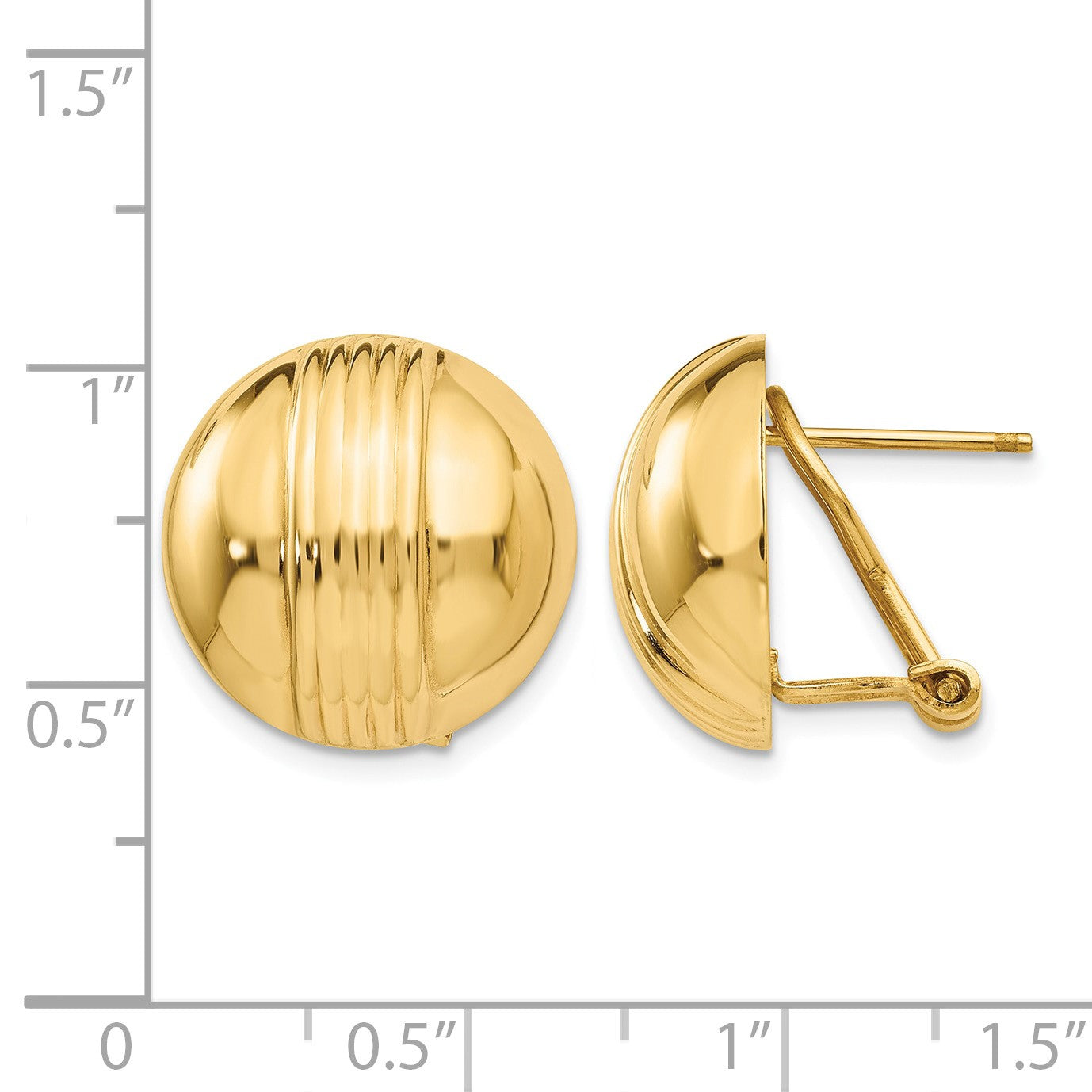 14k 16mm Ribbed Domed Omega Back Post Earrings