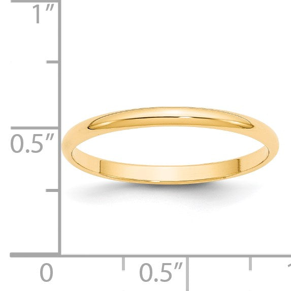 14k Yellow Gold 2mm Lightweight Half Round Wedding Band Size 7.5