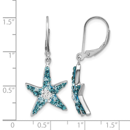 Sterling Silver Rhodium-Plated Polished Blue and White Crystal Starfish Leverback Earrings