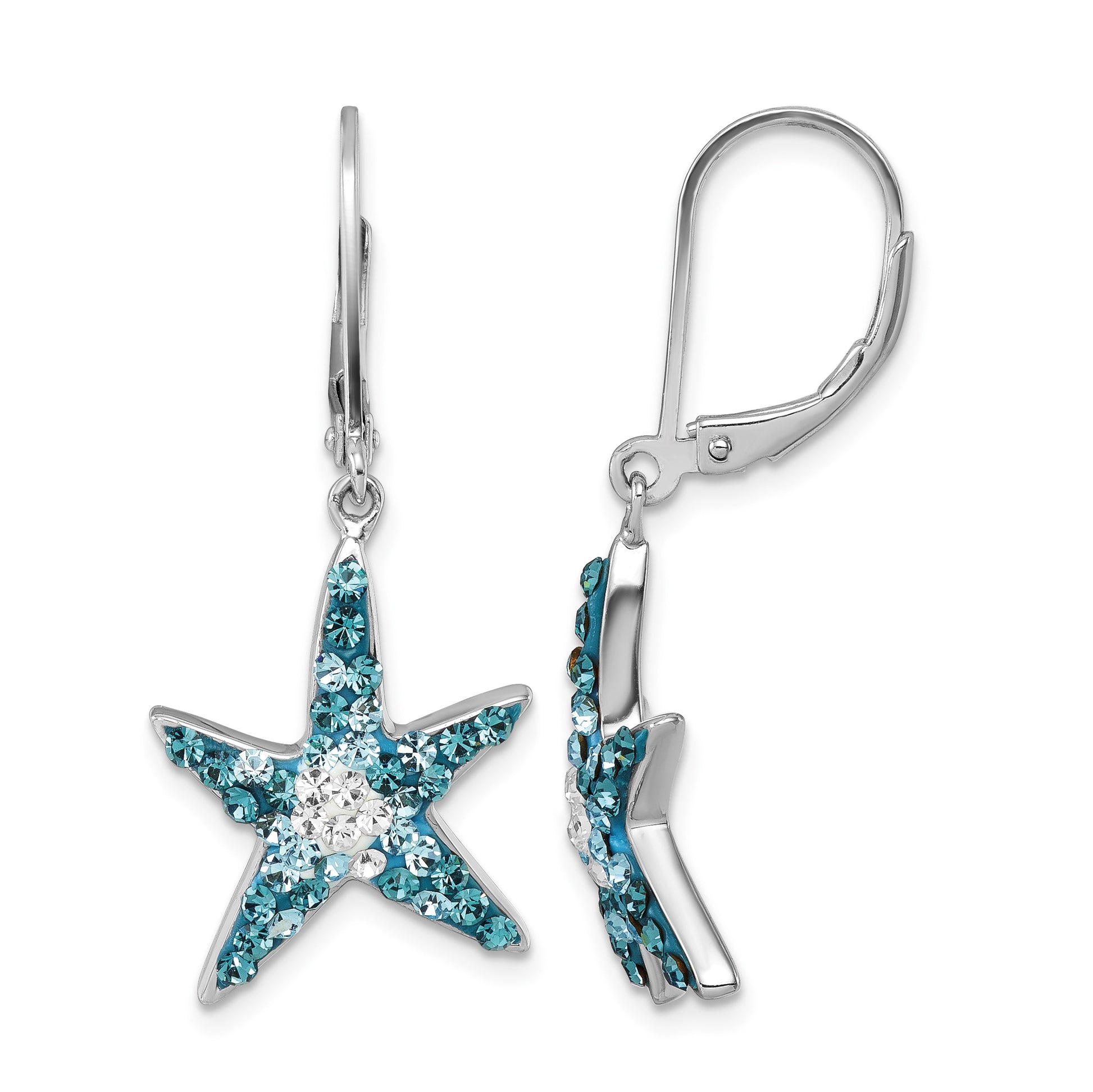 Sterling Silver Rhodium-Plated Polished Blue and White Crystal Starfish Leverback Earrings