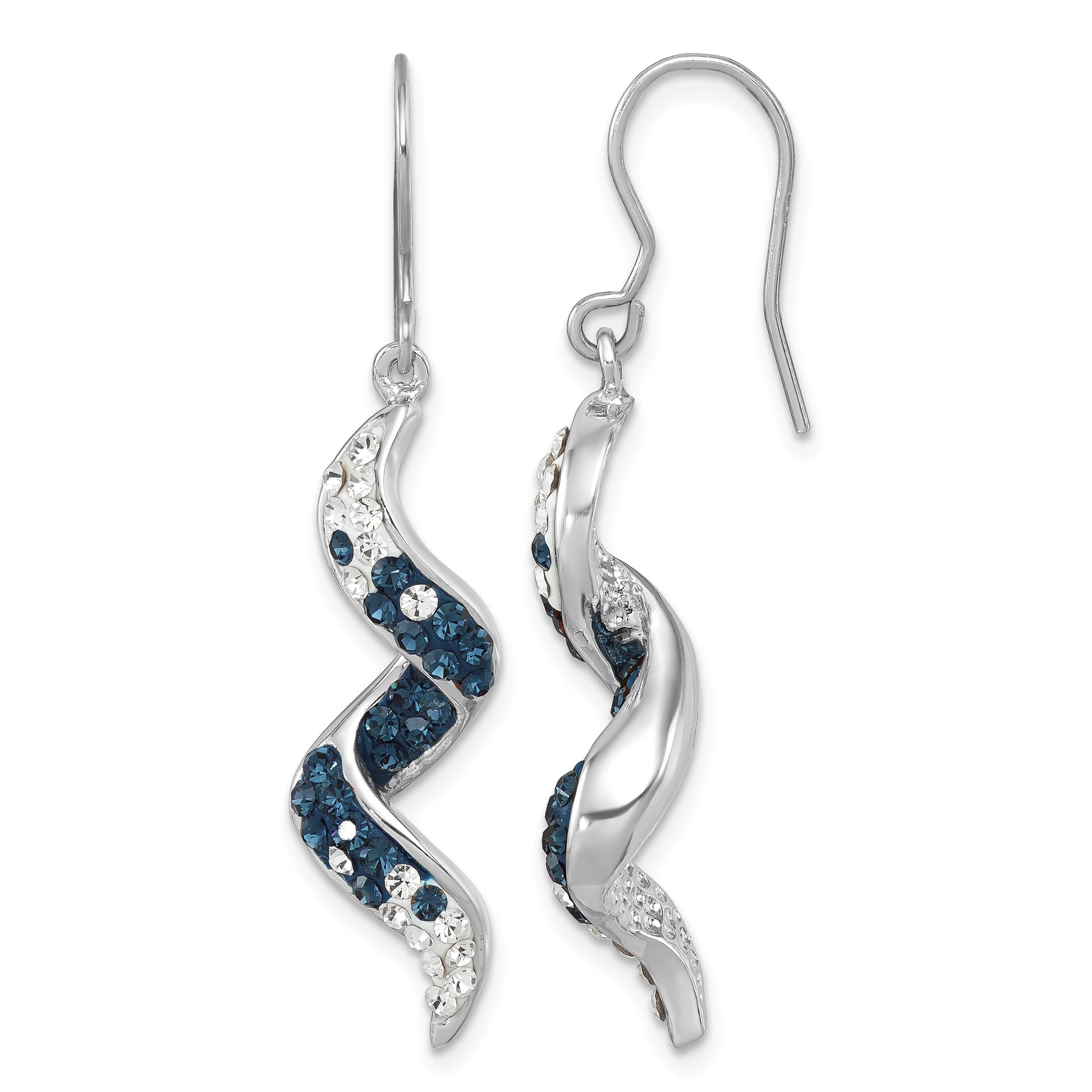 Sterling Silver Rhodium-Plated Polished Long Twirl White and Blue Crystal Wave Dangle Earrings