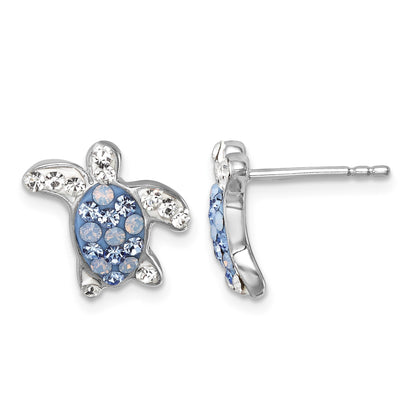 Sterling Silver Rhodium-plated Polished Blue and White Crystal Turtle Post Earrings