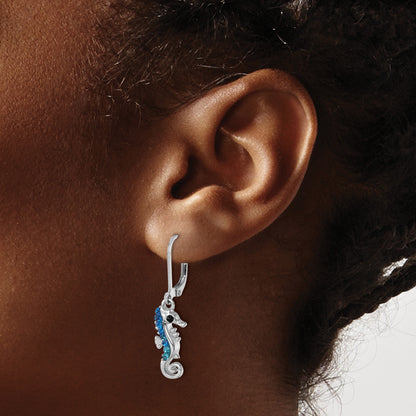 Sterling Silver Rhodium-plated Polished Blue Crystal Seahorse Dangle Earrings