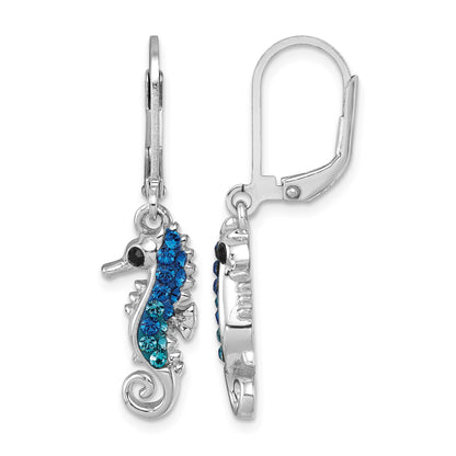 Sterling Silver Rhodium-plated Polished Blue Crystal Seahorse Dangle Earrings