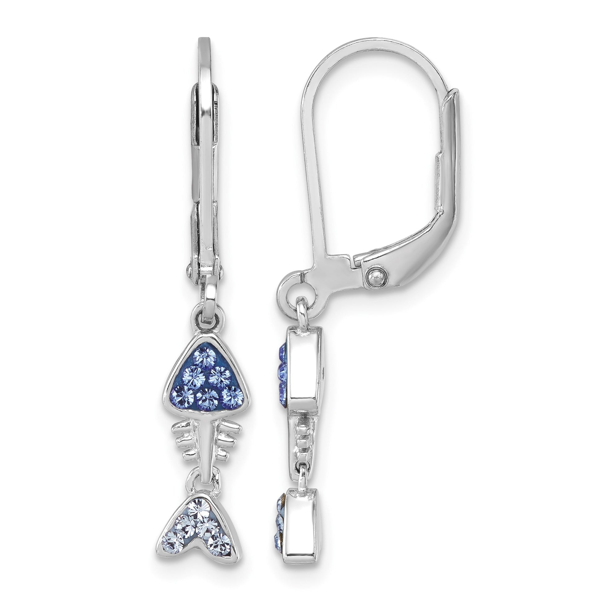 Sterling Silver Rhodium-plated Polished Blue Crystal Bonefish Dangle Earrings