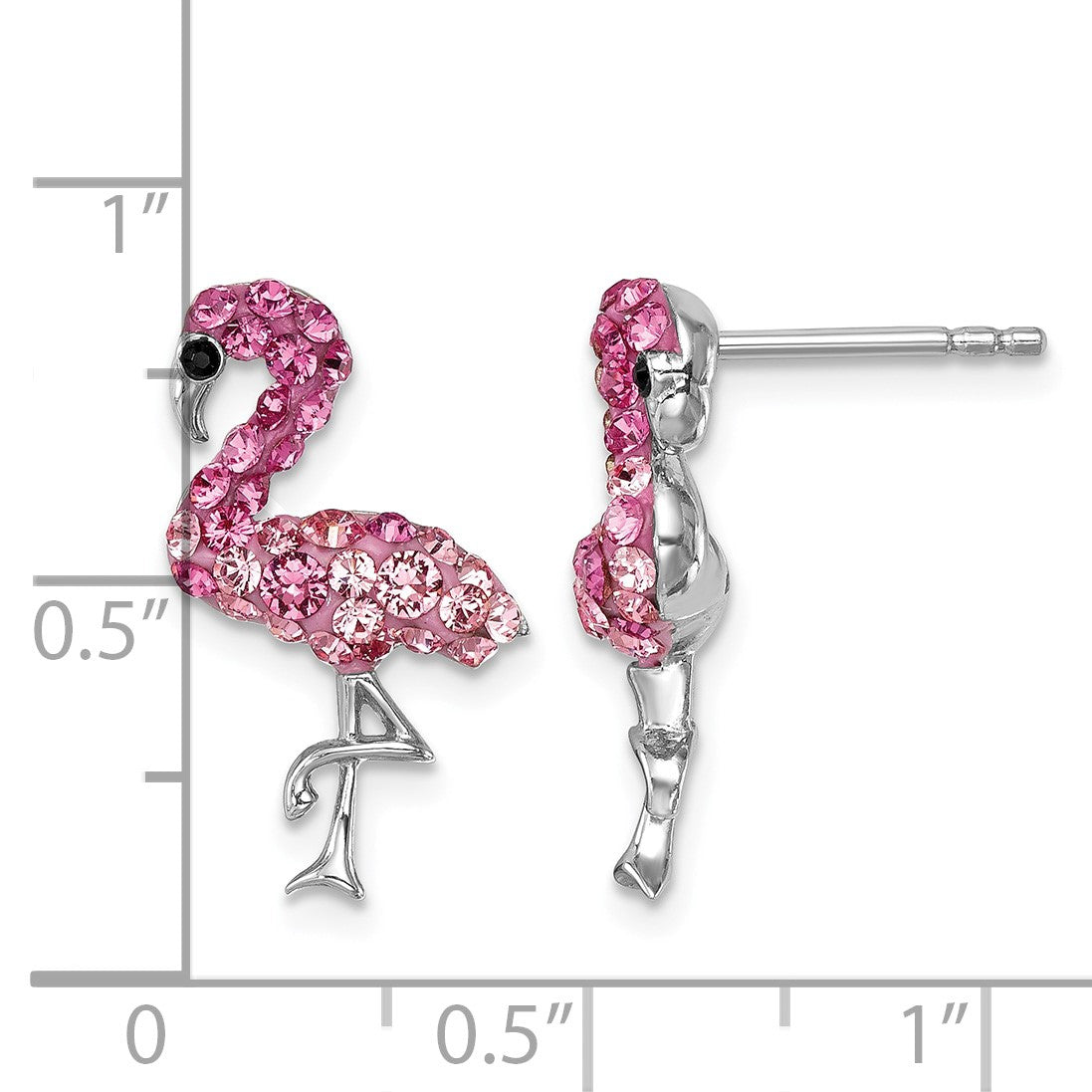 Sterling Silver Rhodium-plated Polished Pink Crystal Flamingo Post Earrings