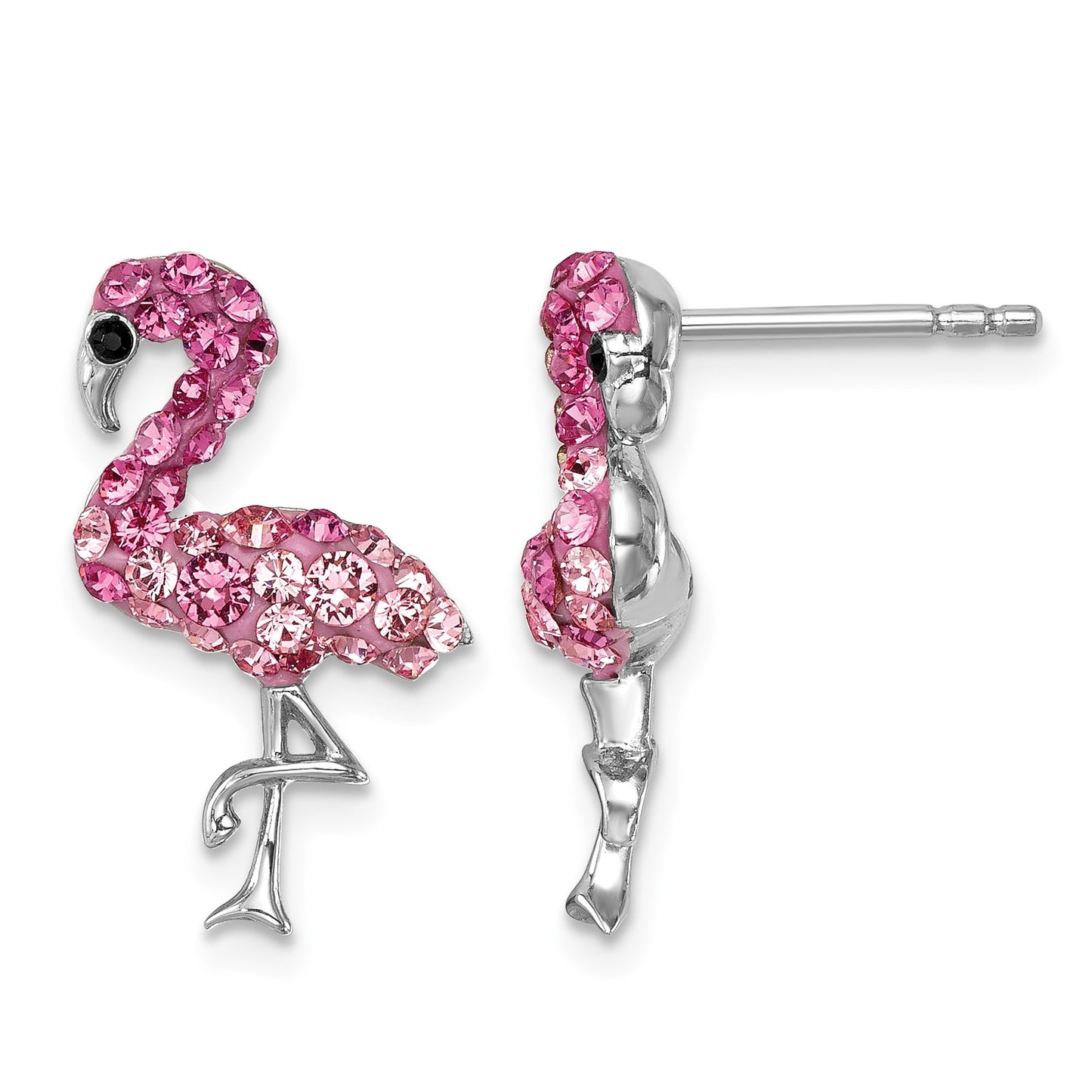 Sterling Silver Rhodium-plated Polished Pink Crystal Flamingo Post Earrings