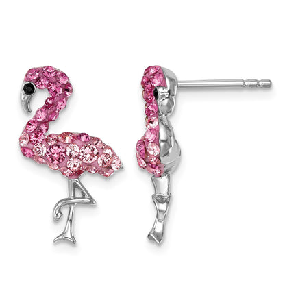Sterling Silver Rhodium-plated Polished Pink Crystal Flamingo Post Earrings