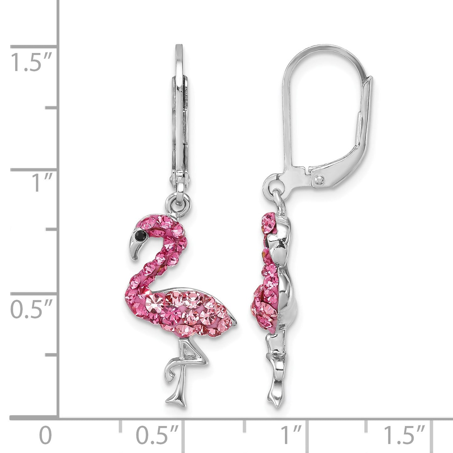 Sterling Silver Rhodium-plated Polished Pink Crystal Flamingo Leverback Earrings