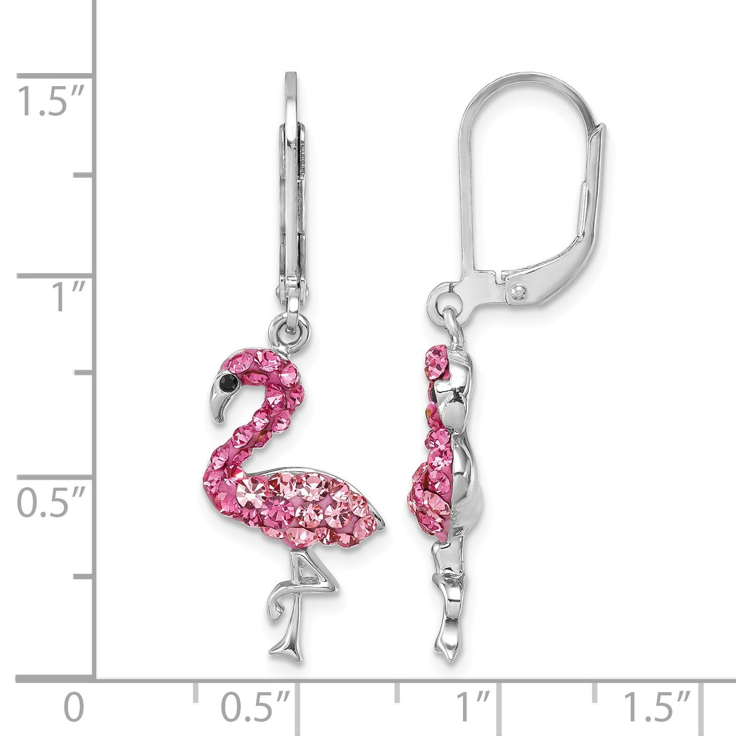 Sterling Silver Rhodium-plated Polished Pink Crystal Flamingo Leverback Earrings