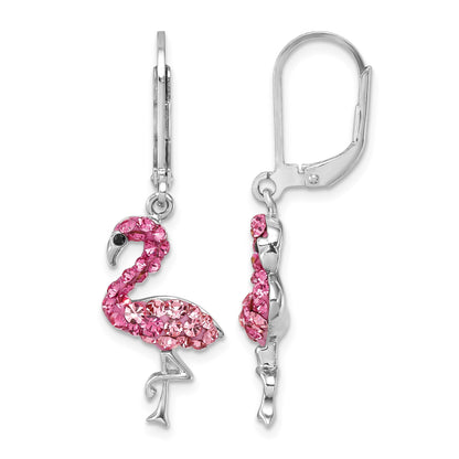Sterling Silver Rhodium-plated Polished Pink Crystal Flamingo Leverback Earrings