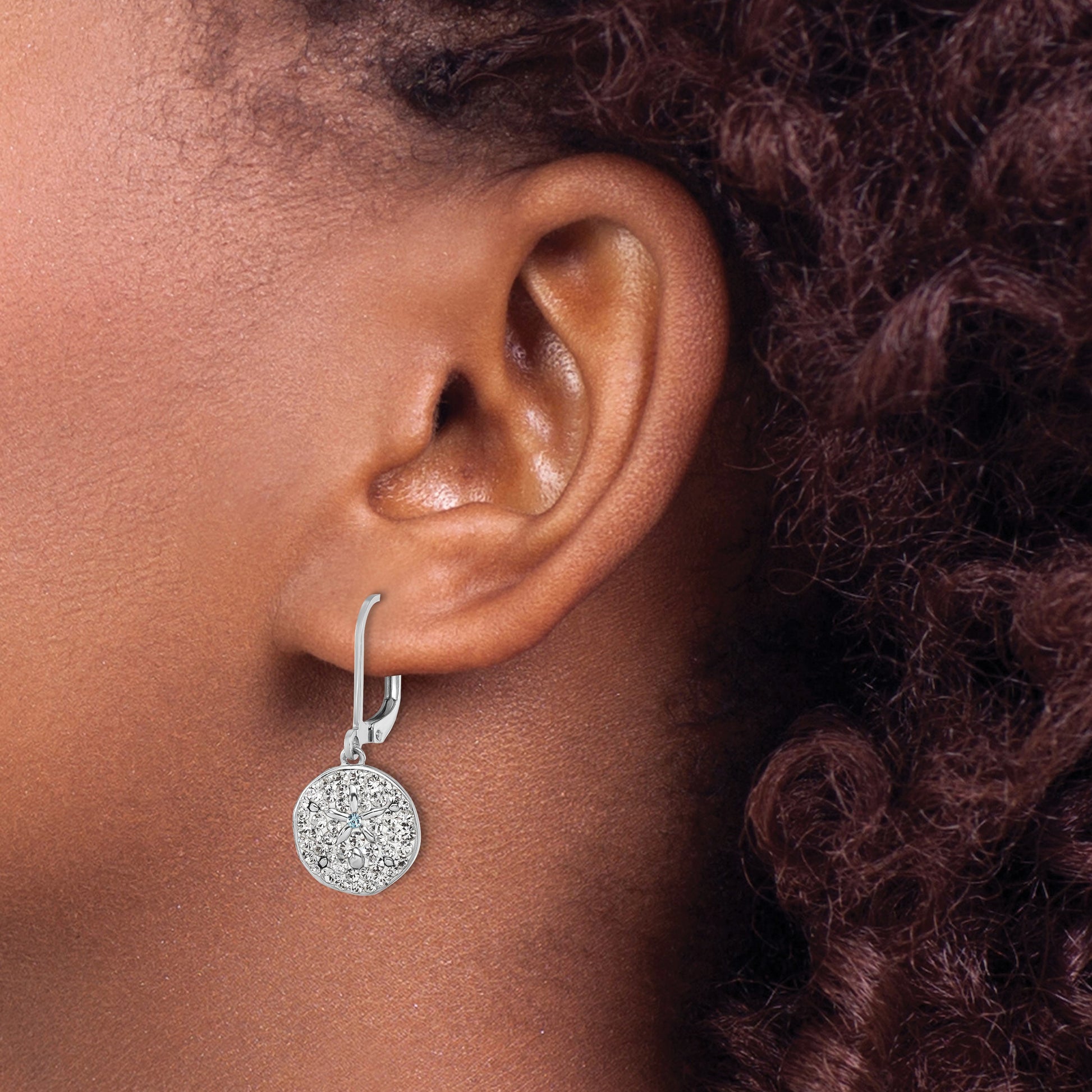 Sterling Silver Rhodium-Plated Polished White Crystal Sand Dollar Dangle Earrings