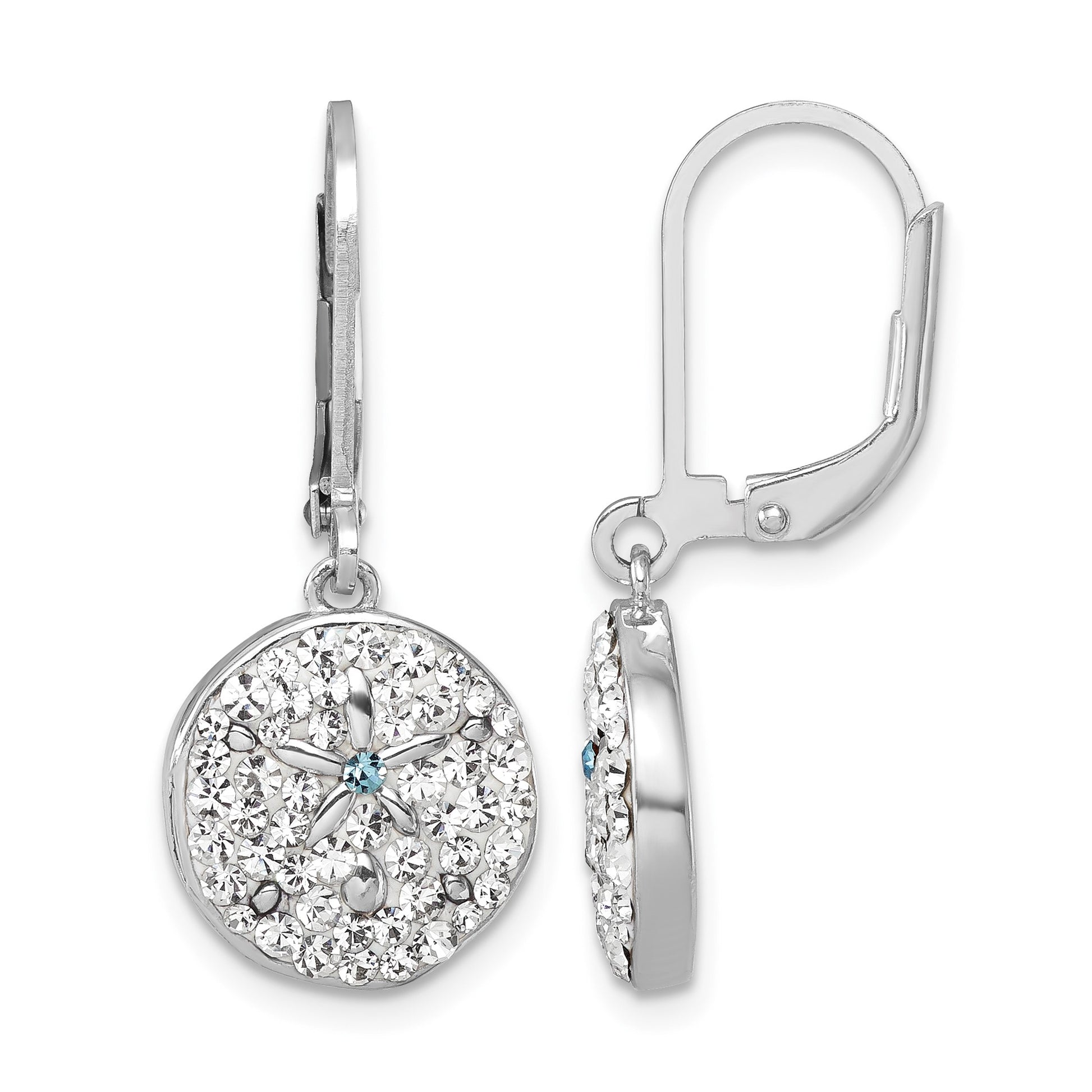 Sterling Silver Rhodium-Plated Polished White Crystal Sand Dollar Dangle Earrings