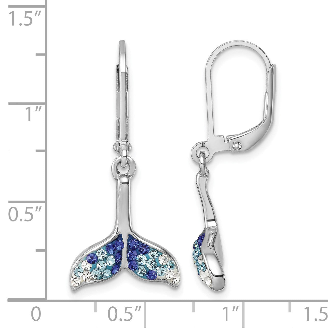 Sterling Silver Rhodium-Plated Polished Blue and White Crystal Whale Tail Dangle Leverback Earrings