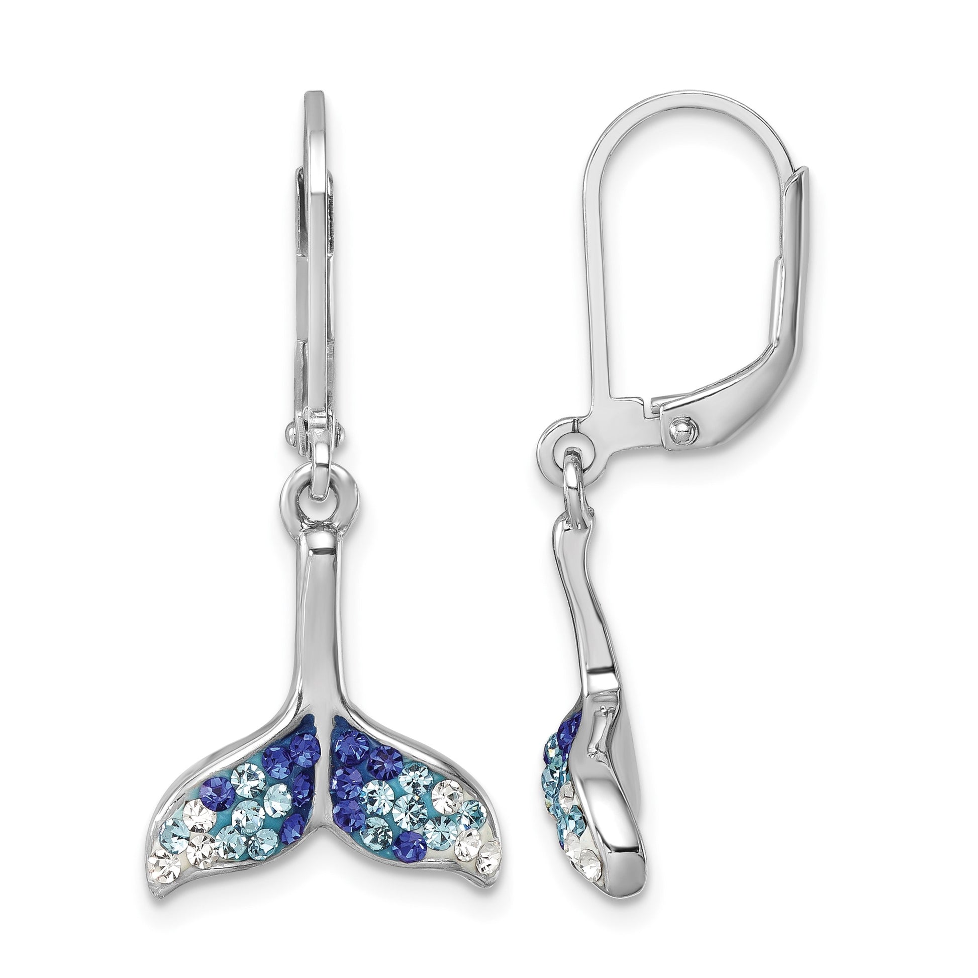 Sterling Silver Rhodium-Plated Polished Blue and White Crystal Whale Tail Dangle Leverback Earrings