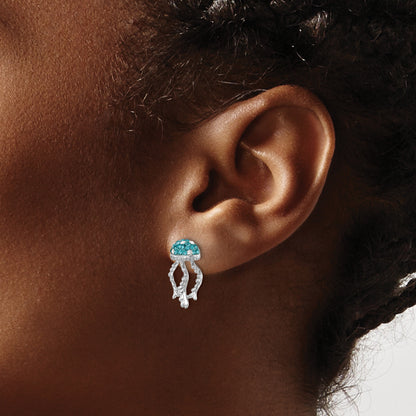 Sterling Silver Rhodium-plated Polished Blue and White Crystal Jellyfish Post Earrings