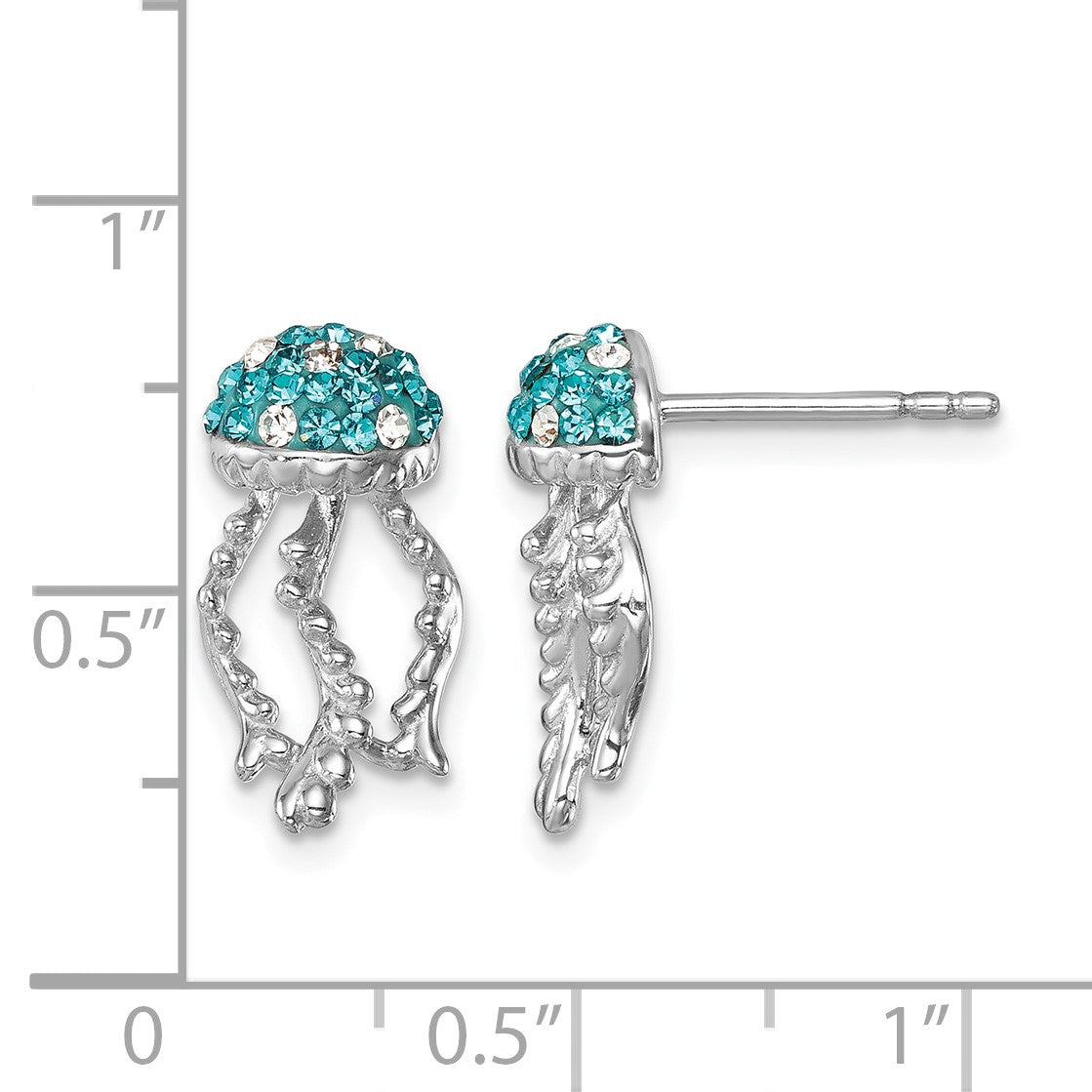 Sterling Silver Rhodium-plated Polished Blue and White Crystal Jellyfish Post Earrings