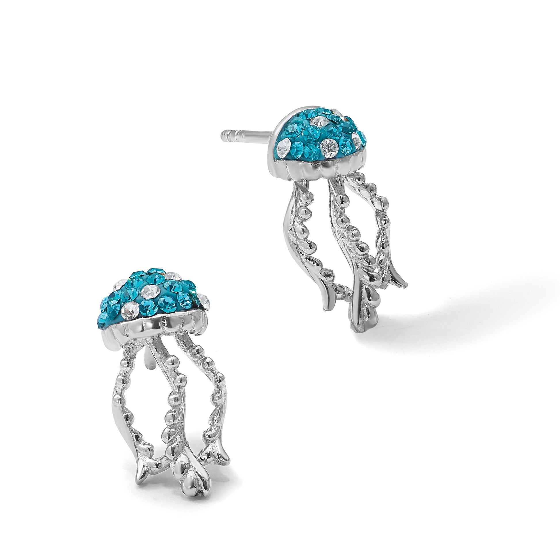 Sterling Silver Rhodium-plated Polished Blue and White Crystal Jellyfish Post Earrings