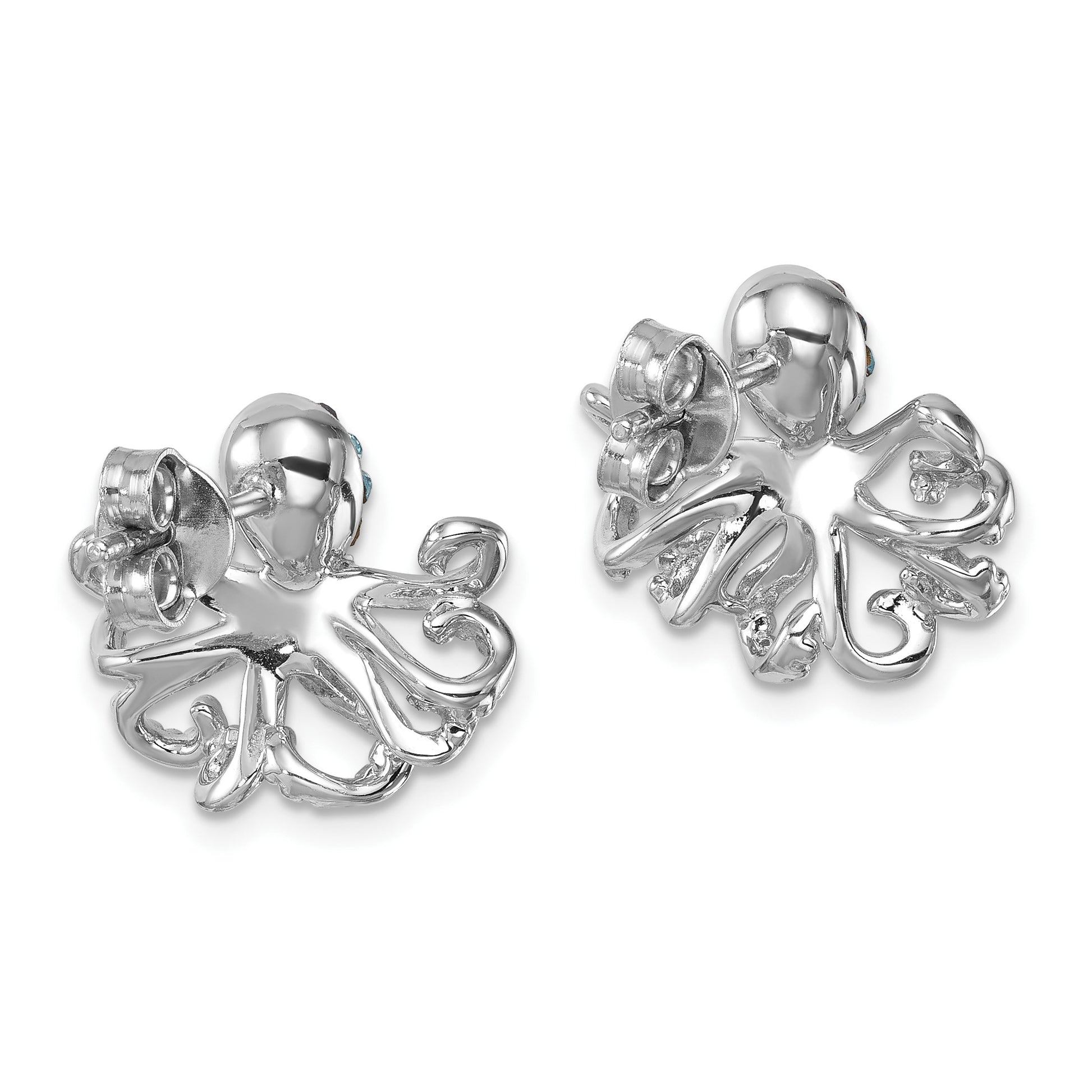 Sterling Silver Rhodium-plated Polished Blue and White Crystal Octopus Post Earrings
