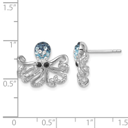 Sterling Silver Rhodium-plated Polished Blue and White Crystal Octopus Post Earrings