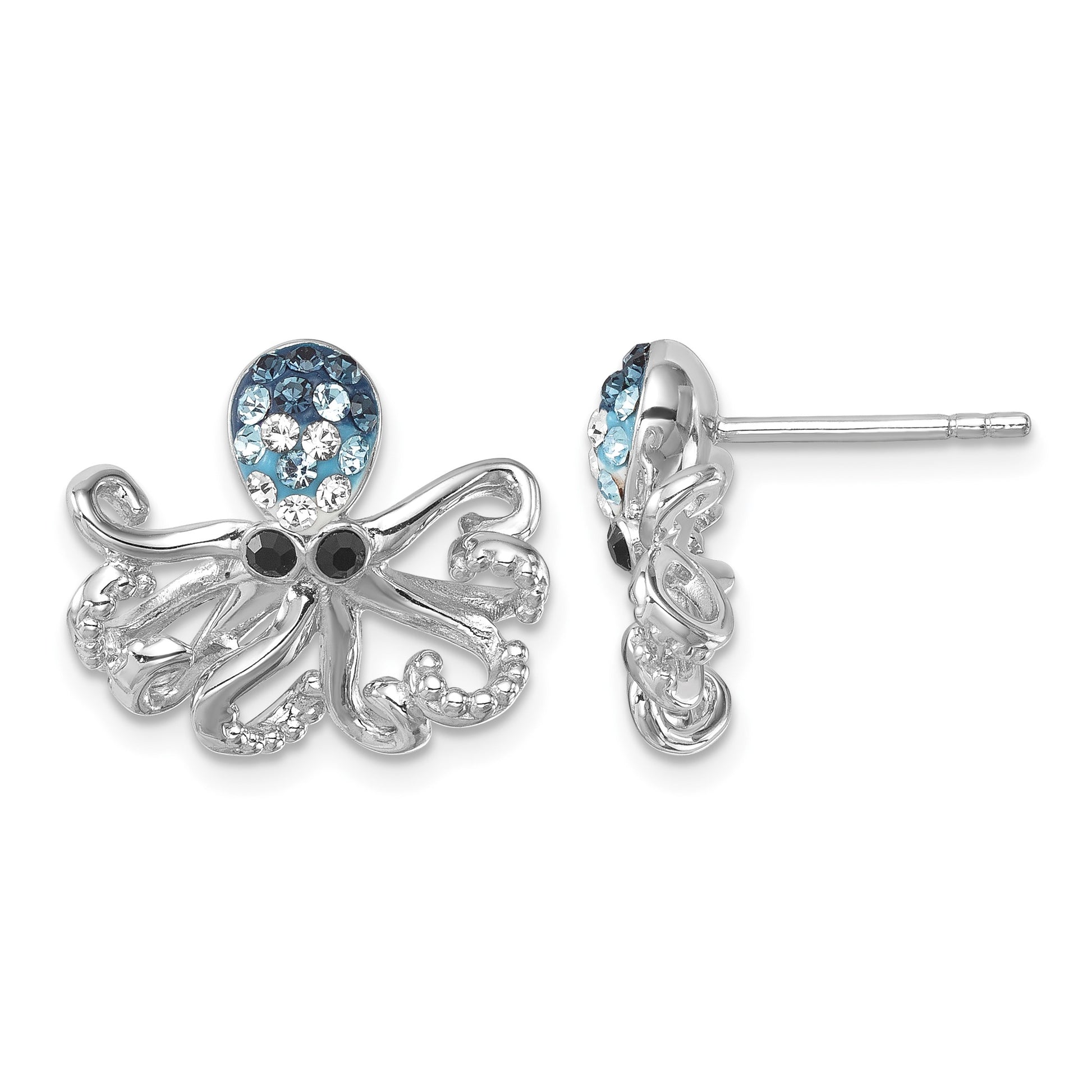 Sterling Silver Rhodium-plated Polished Blue and White Crystal Octopus Post Earrings