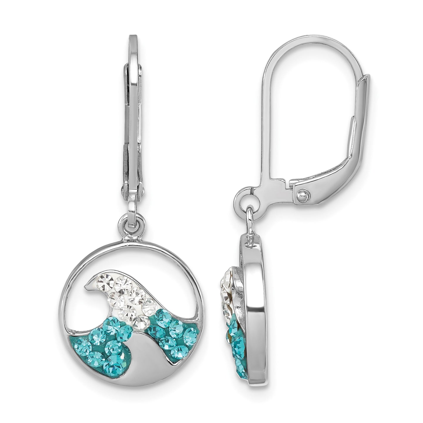Sterling Silver Rhodium-Plated Polished Crystal Whitecap Wave Dangle Leverback Earrings