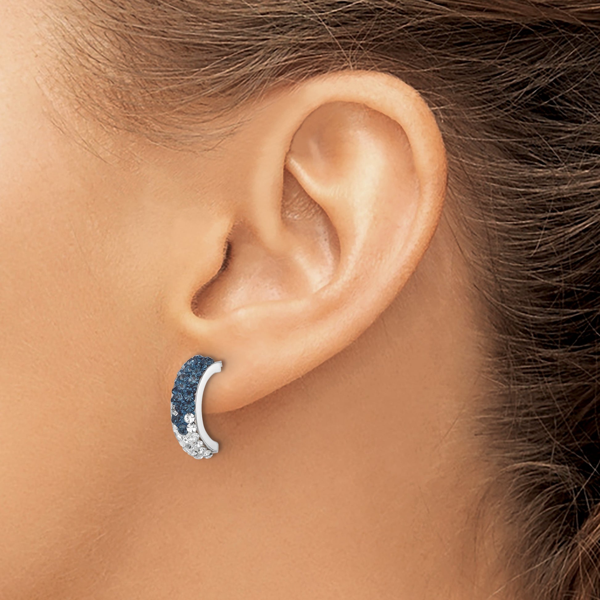 Sterling Silver Rhodium-Plated Polished Blue and White Crystal J-Hoop Earrings