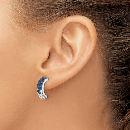 Sterling Silver Rhodium-Plated Polished Blue and White Crystal J-Hoop Earrings