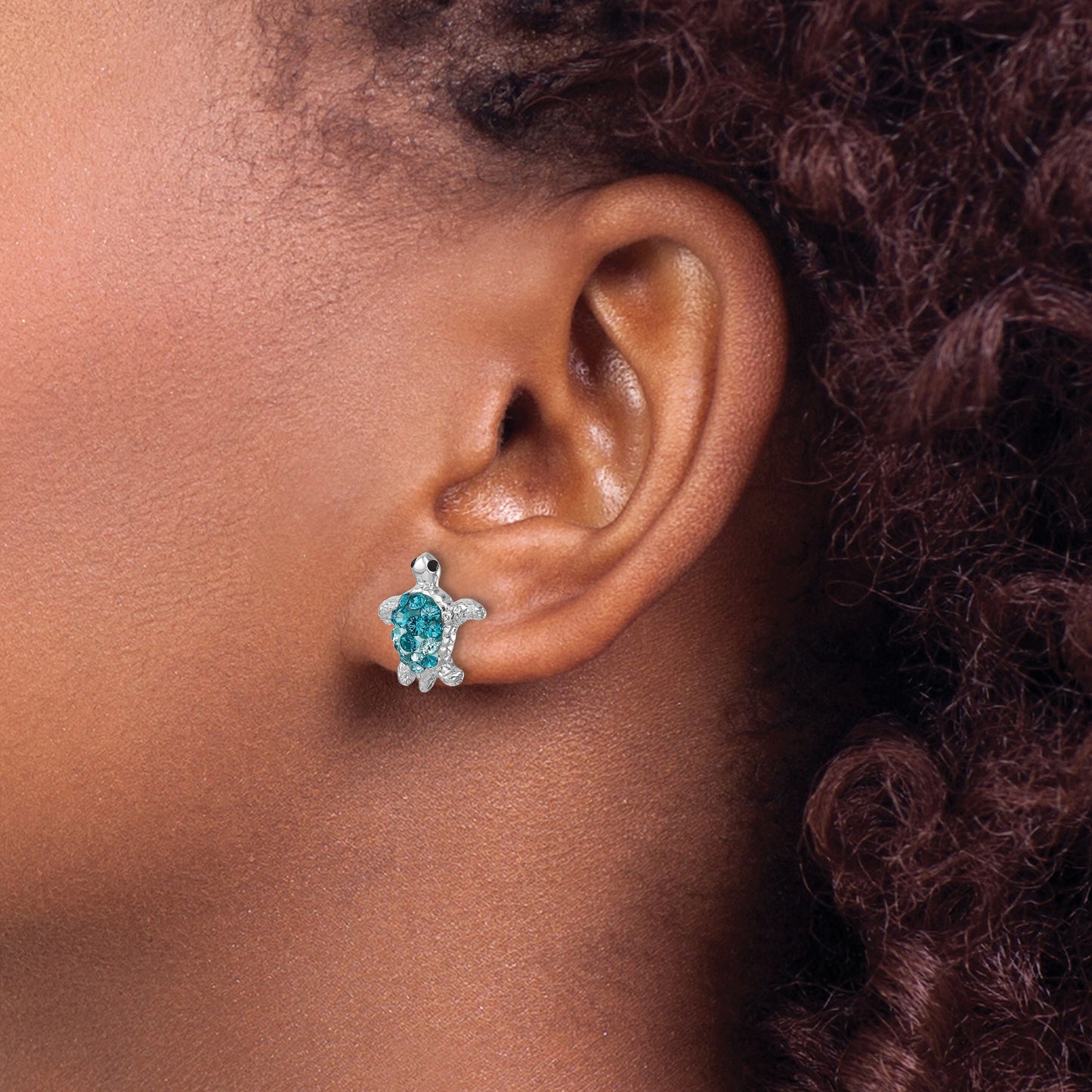 Sterling Silver Rhodium-plated Polished Blue Crystal Turtle Post Earrings