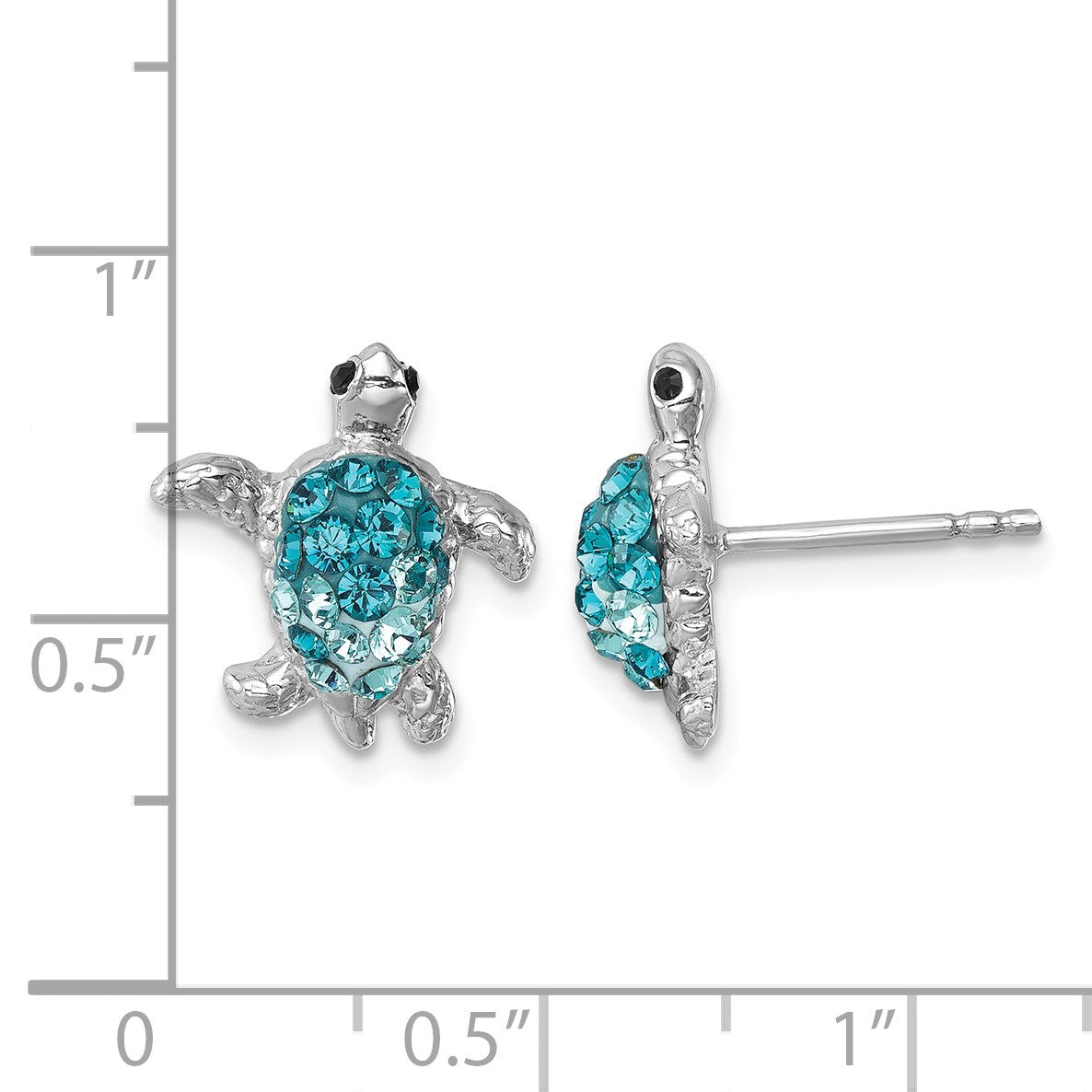 Sterling Silver Rhodium-plated Polished Blue Crystal Turtle Post Earrings