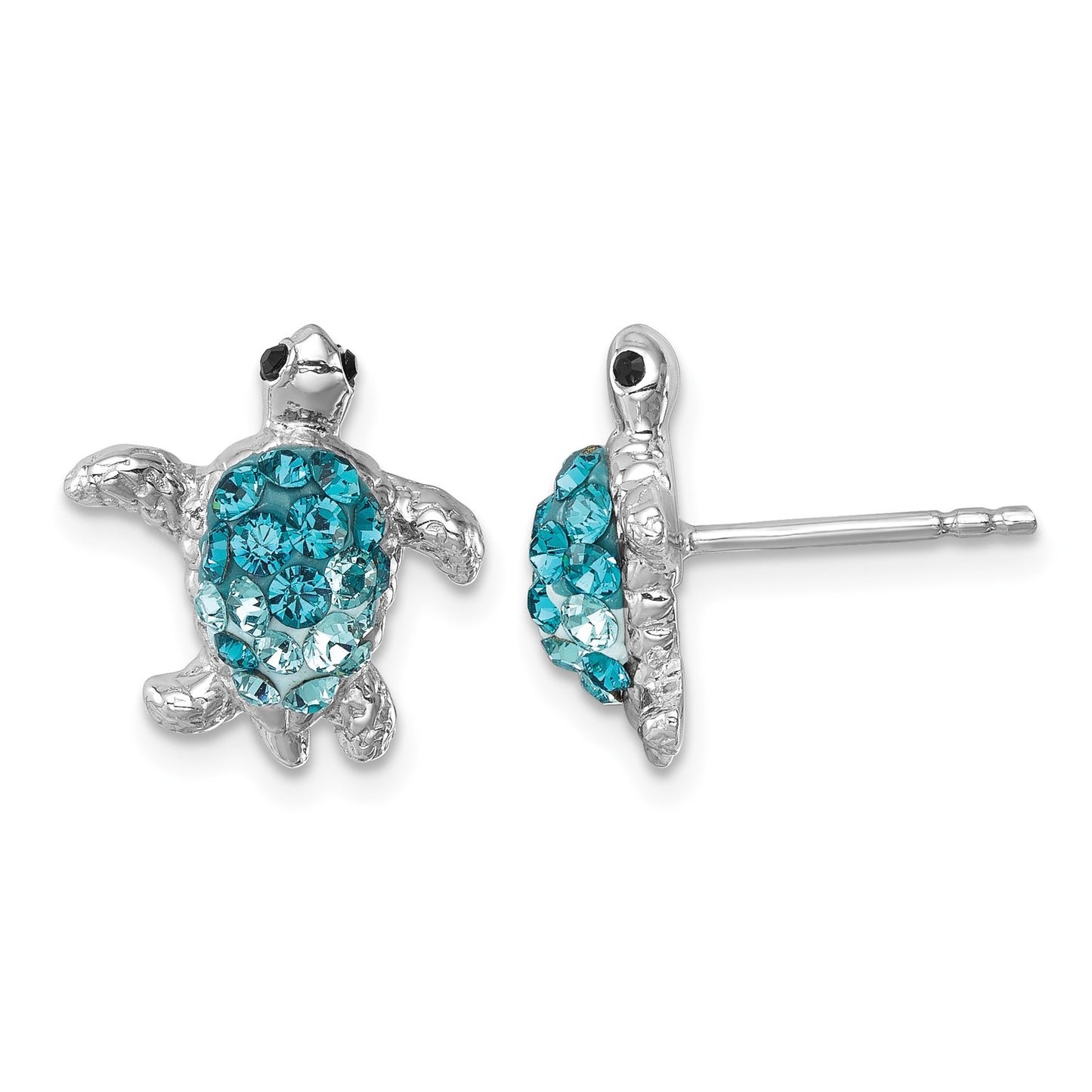 Sterling Silver Rhodium-plated Polished Blue Crystal Turtle Post Earrings