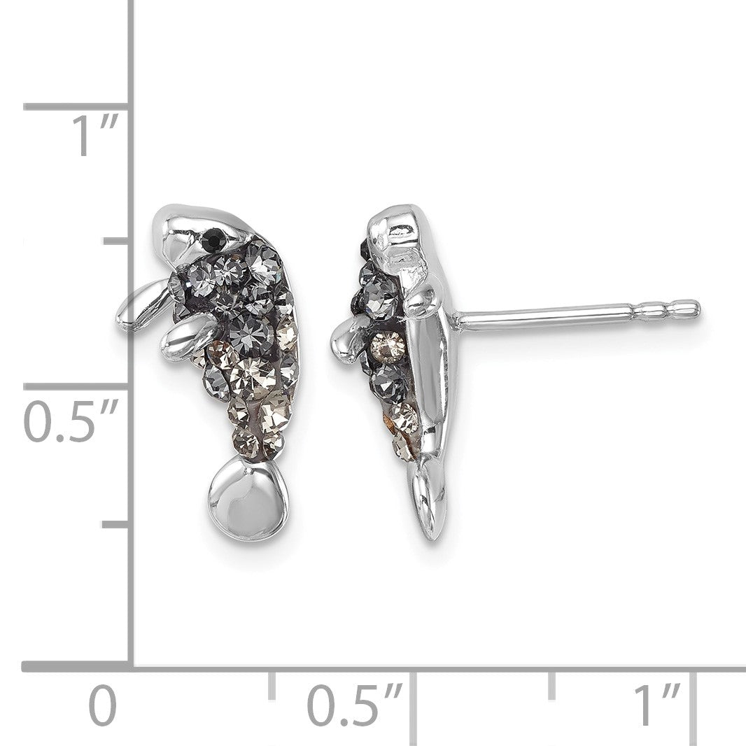 Sterling Silver Rhodium-plated Polished Grey Crystal Manatee Post Earrings