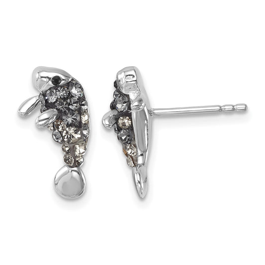 Sterling Silver Rhodium-plated Polished Grey Crystal Manatee Post Earrings