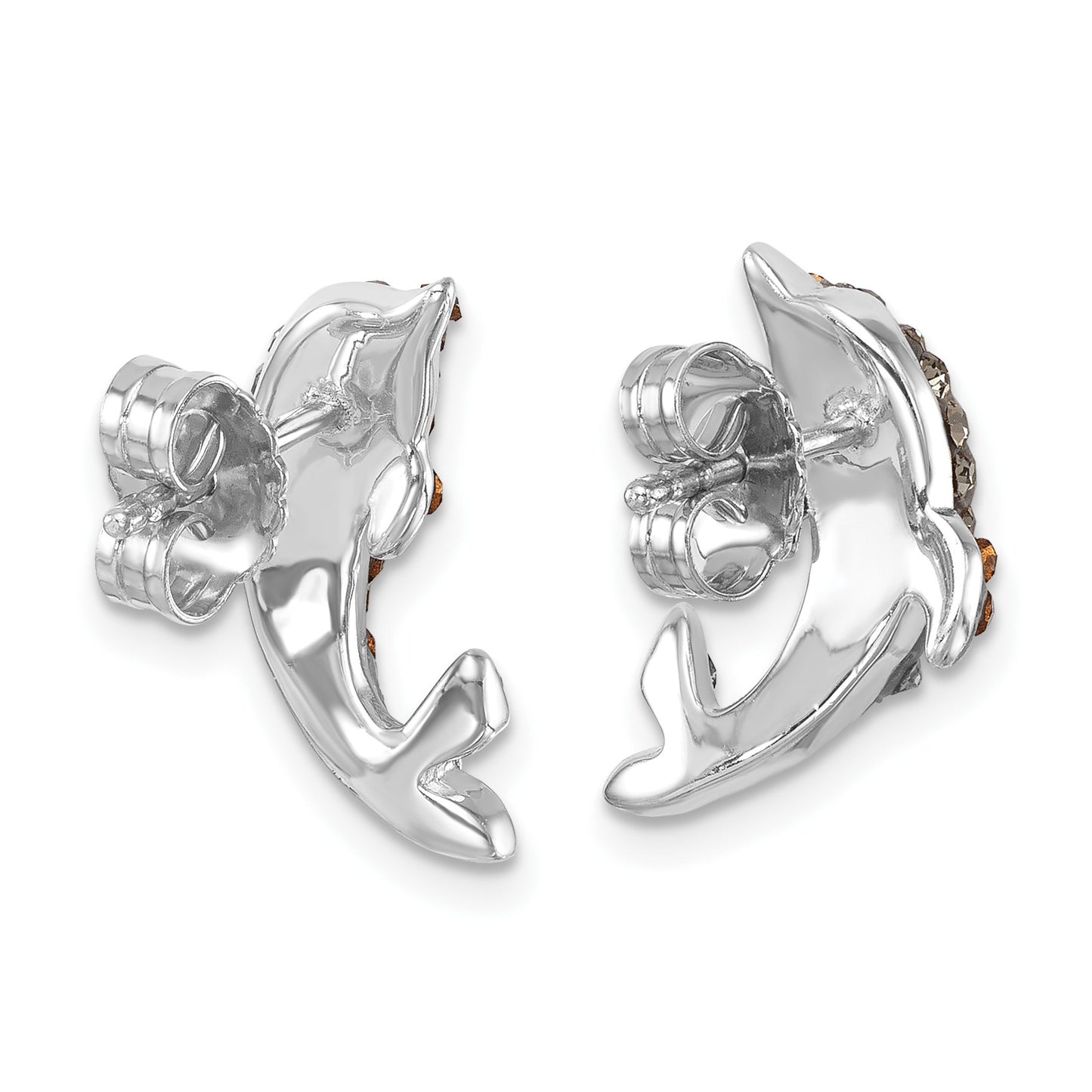 Sterling Silver Rhodium-plated Polished Pale Blue Crystal Dolphin Post Earrings