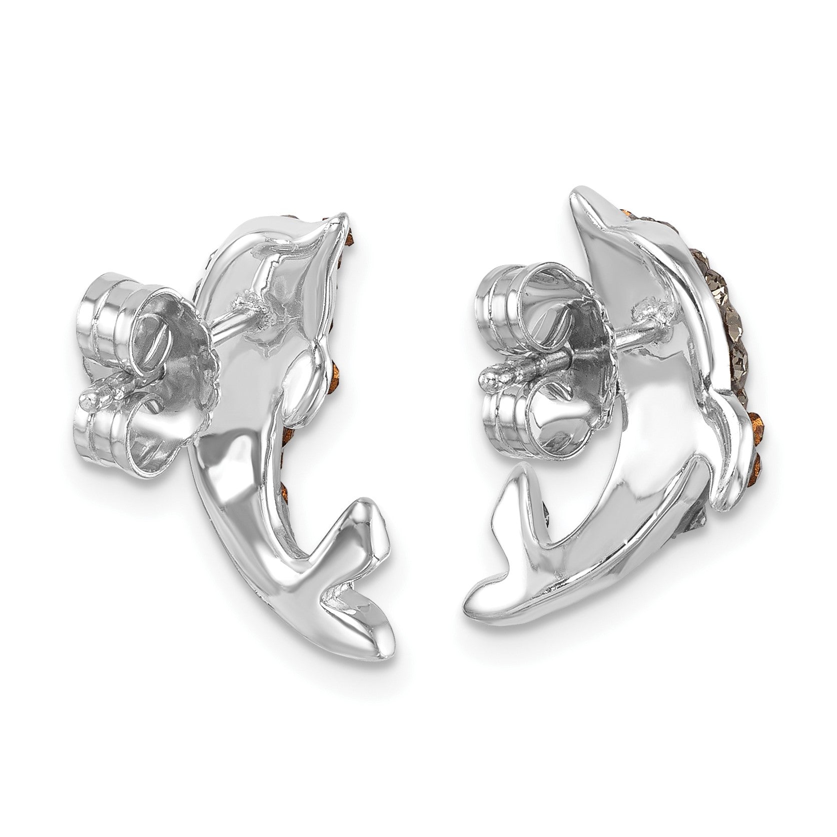 Sterling Silver Rhodium-plated Polished Pale Blue Crystal Dolphin Post Earrings