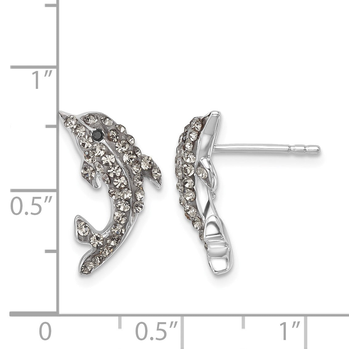 Sterling Silver Rhodium-plated Polished Pale Blue Crystal Dolphin Post Earrings